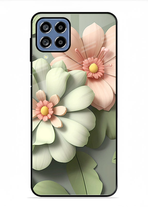 Pastel 3D floral artwork on Samsung M53 5G glass back cover with layered dimensional petals.