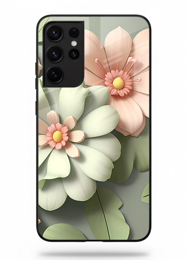 Pastel 3D floral artwork on Samsung S21 Ultra glass back cover with layered dimensional petals.