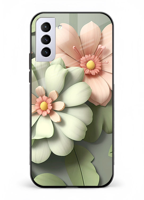 Pastel 3D floral artwork on Samsung S21 Plus glass back cover with layered dimensional petals.