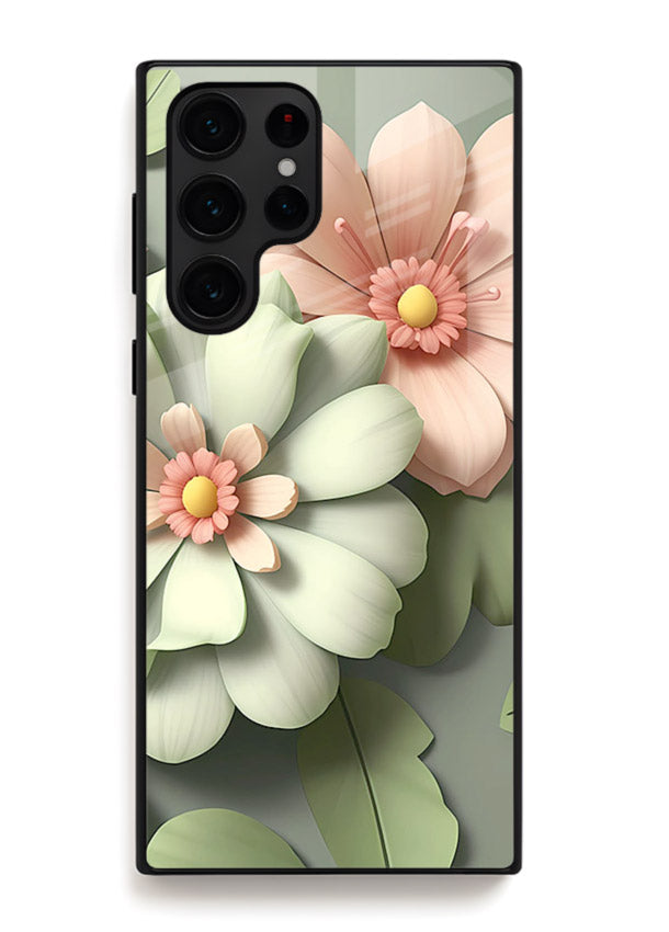Pastel 3D floral artwork on Samsung S22 Ultra glass back cover with layered dimensional petals.