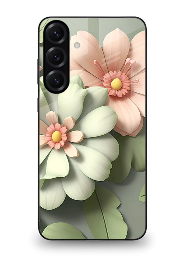 Pastel 3D floral artwork on Samsung M54 5G glass back cover with layered dimensional petals.