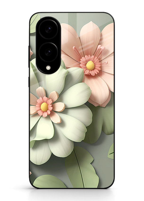 Pastel 3D floral artwork on Samsung S25 Edge glass back cover with layered dimensional petals.