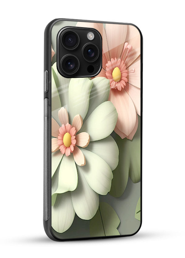 Pastel 3D floral artwork on glossy vibrant premium glass back cover with layered dimensional petals. - Angle Side
