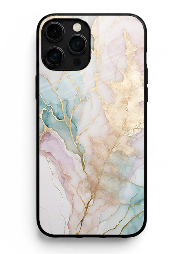 Pastel Gold Marble iphone 12 pro max glass back cover with soft pastel tones and golden marble veining