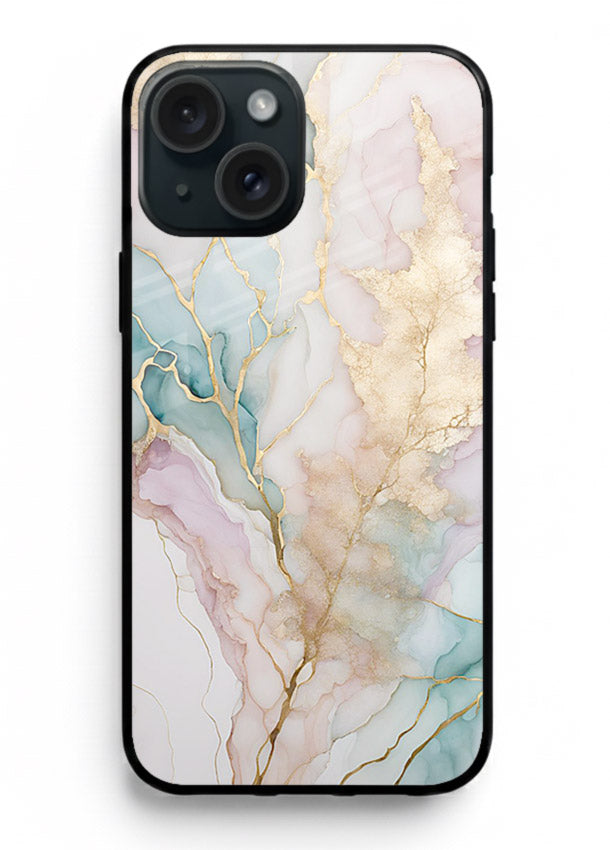 Pastel Gold Marble iphone 13 glass back cover with soft pastel tones and golden marble veining