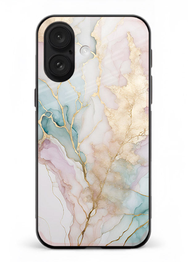 Pastel Gold Marble iphone 18 glass back cover with soft pastel tones and golden marble veining
