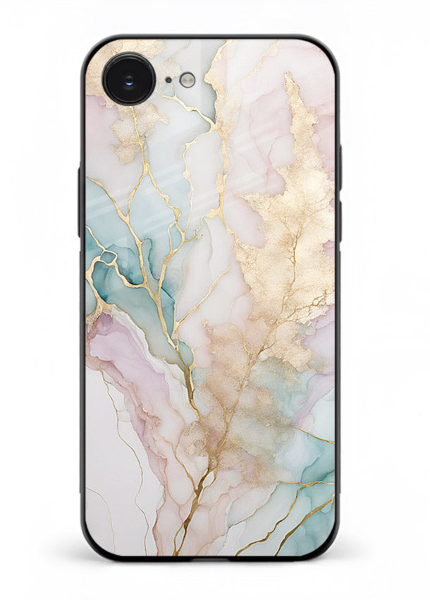 Pastel Gold Marble iphone 16e glass back cover with soft pastel tones and golden marble veining