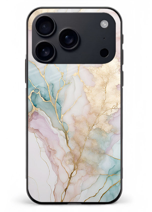 Pastel Gold Marble iphone 18 pro max glass back cover with soft pastel tones and golden marble veining