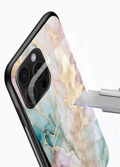 Pastel Gold Marble glossy vibrant premium glass back cover with soft pastel tones and golden marble veining - Angle Blade