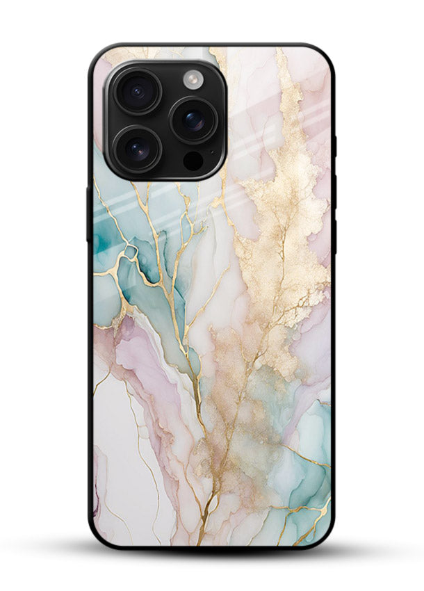 Pastel Gold Marble glossy vibrant premium glass back cover with soft pastel tones and golden marble veining - Angle Front