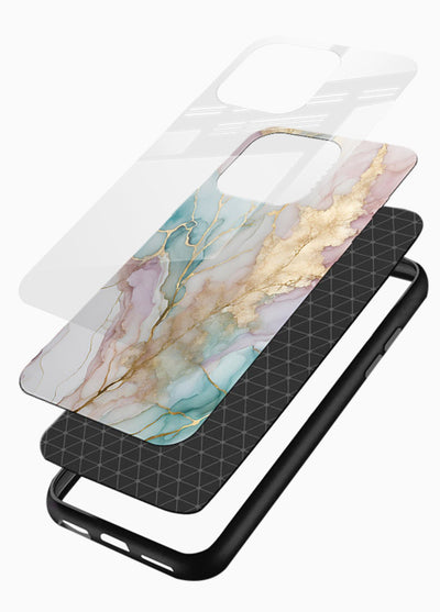 Pastel Gold Marble glossy vibrant premium glass back cover with soft pastel tones and golden marble veining - Angle Layers