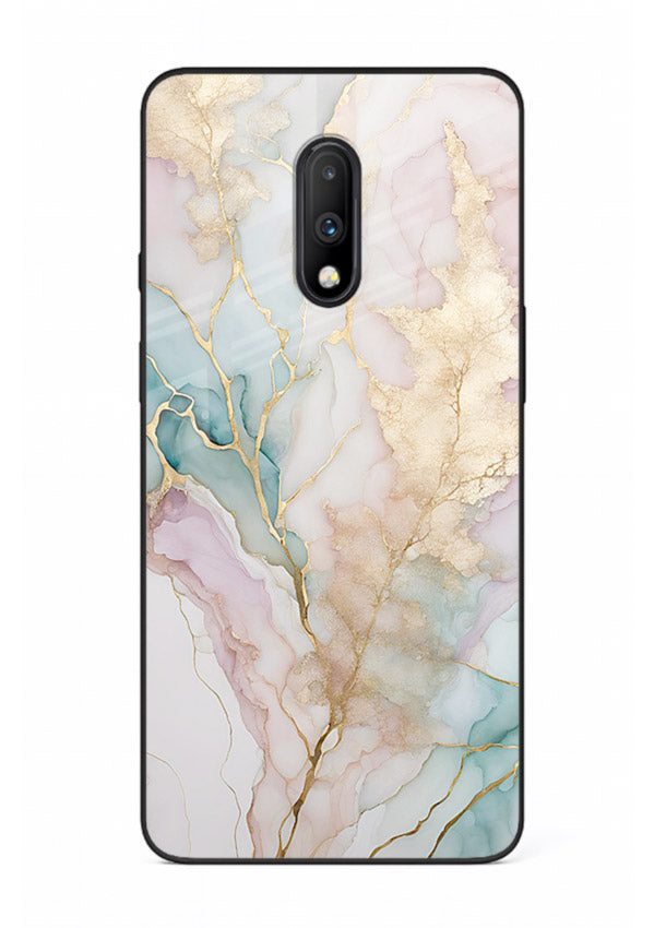 Pastel Gold Marble OnePlus 7 glass back cover with soft pastel tones and golden marble veining