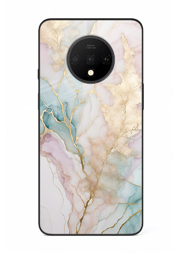 Pastel Gold Marble OnePlus 7T glass back cover with soft pastel tones and golden marble veining