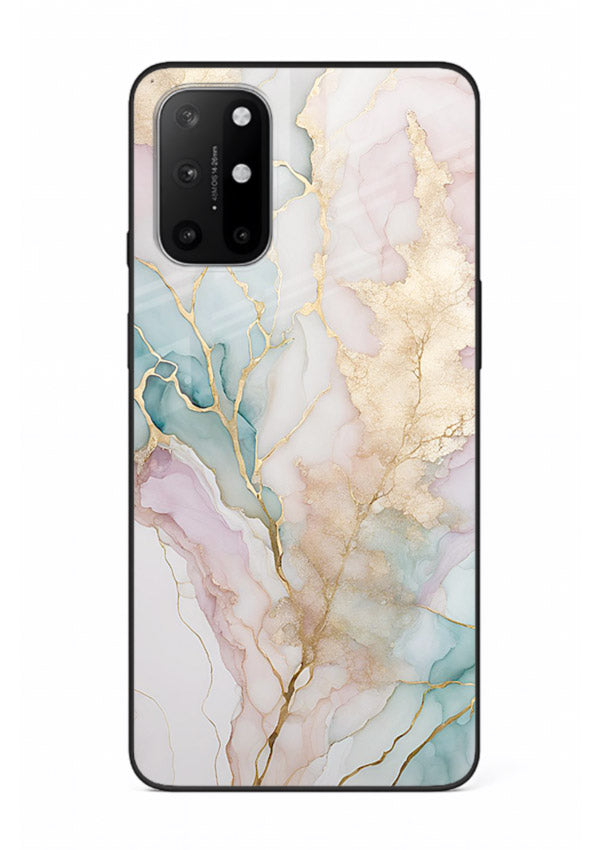 Pastel Gold Marble OnePlus 8T glass back cover with soft pastel tones and golden marble veining