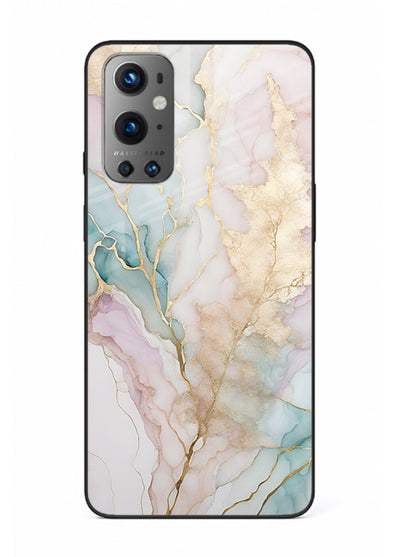 Pastel Gold Marble OnePlus 9 glass back cover with soft pastel tones and golden marble veining