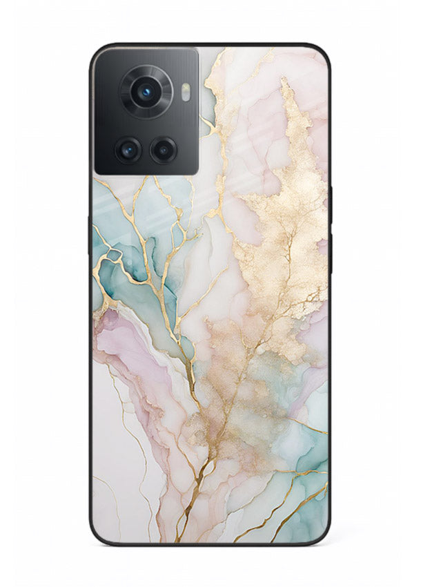 Pastel Gold Marble OnePlus 10R glass back cover with soft pastel tones and golden marble veining