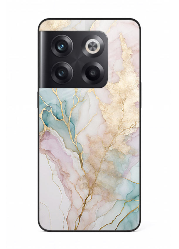 Pastel Gold Marble OnePlus 10T glass back cover with soft pastel tones and golden marble veining