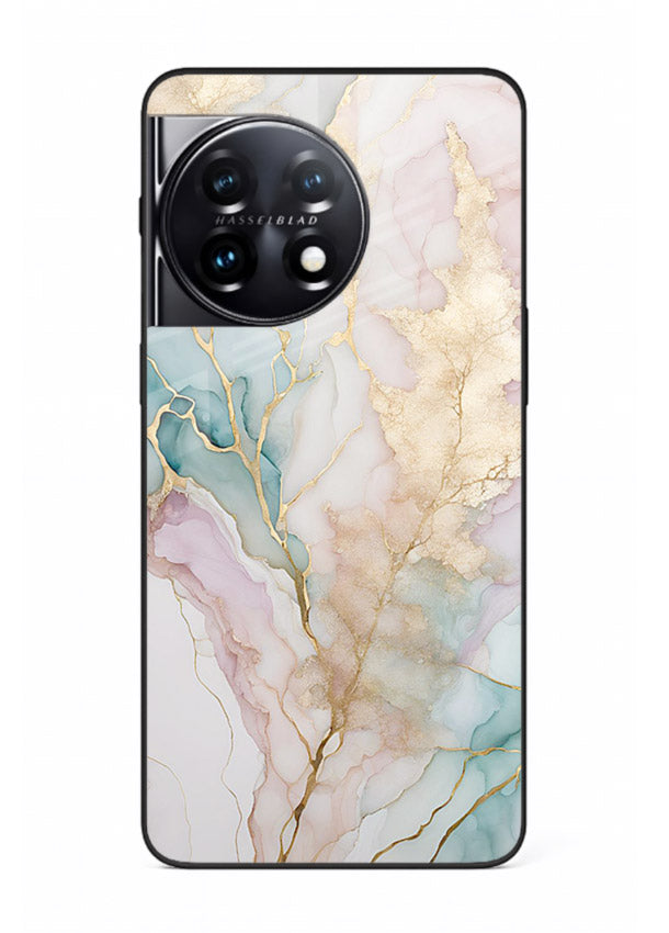 Pastel Gold Marble OnePlus 11 glass back cover with soft pastel tones and golden marble veining