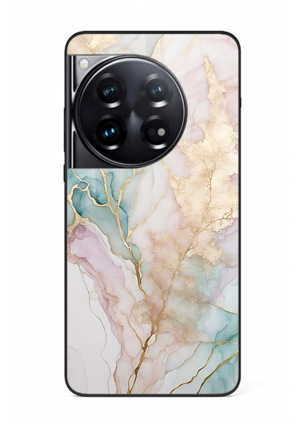 Pastel Gold Marble OnePlus 12 glass back cover with soft pastel tones and golden marble veining