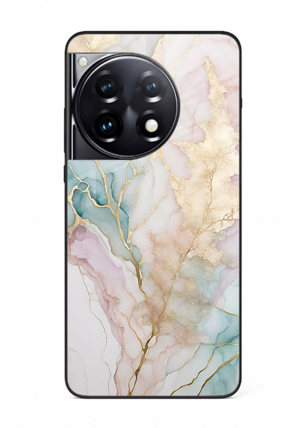 Pastel Gold Marble OnePlus 12R glass back cover with soft pastel tones and golden marble veining