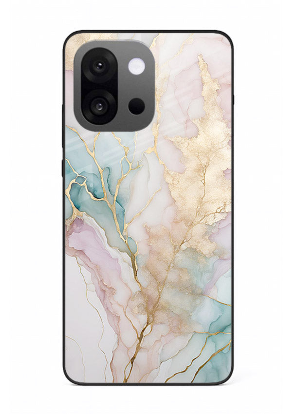 Pastel Gold Marble OnePlus 13s glass back cover with soft pastel tones and golden marble veining