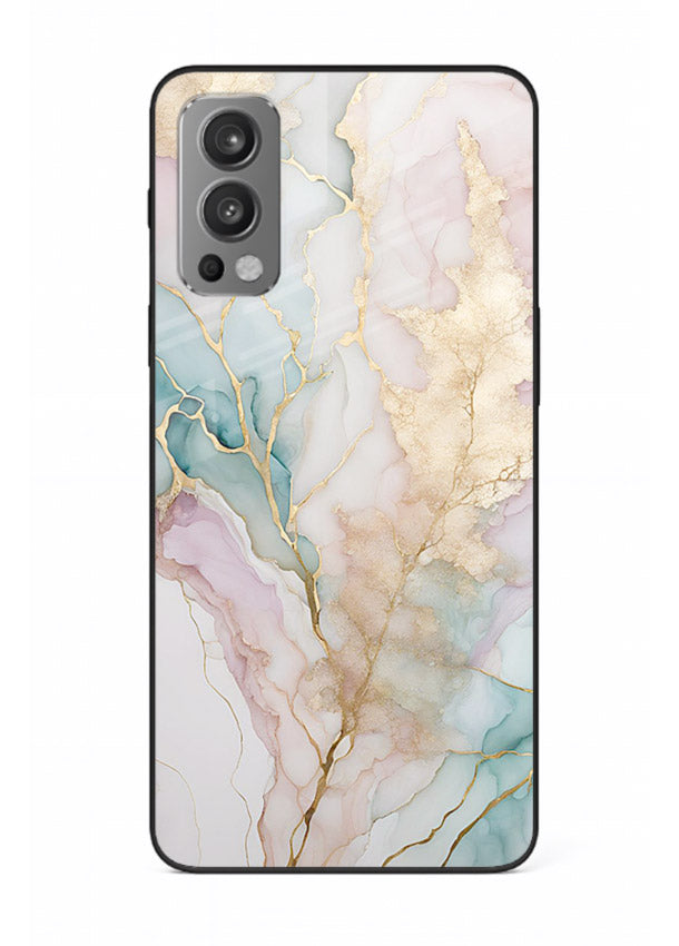 Pastel Gold Marble OnePlus Nord 2 glass back cover with soft pastel tones and golden marble veining