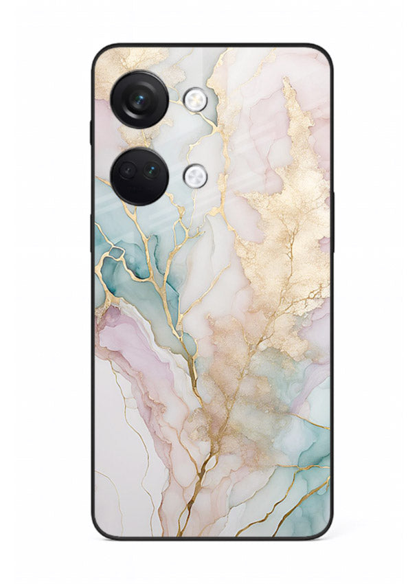 Pastel Gold Marble OnePlus Nord 3 glass back cover with soft pastel tones and golden marble veining