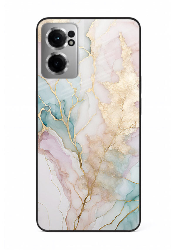 Pastel Gold Marble OnePlus Nord CE2 5G glass back cover with soft pastel tones and golden marble veining