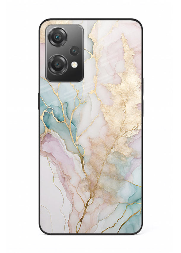 Pastel Gold Marble OnePlus Nord CE2 Lite 5G glass back cover with soft pastel tones and golden marble veining