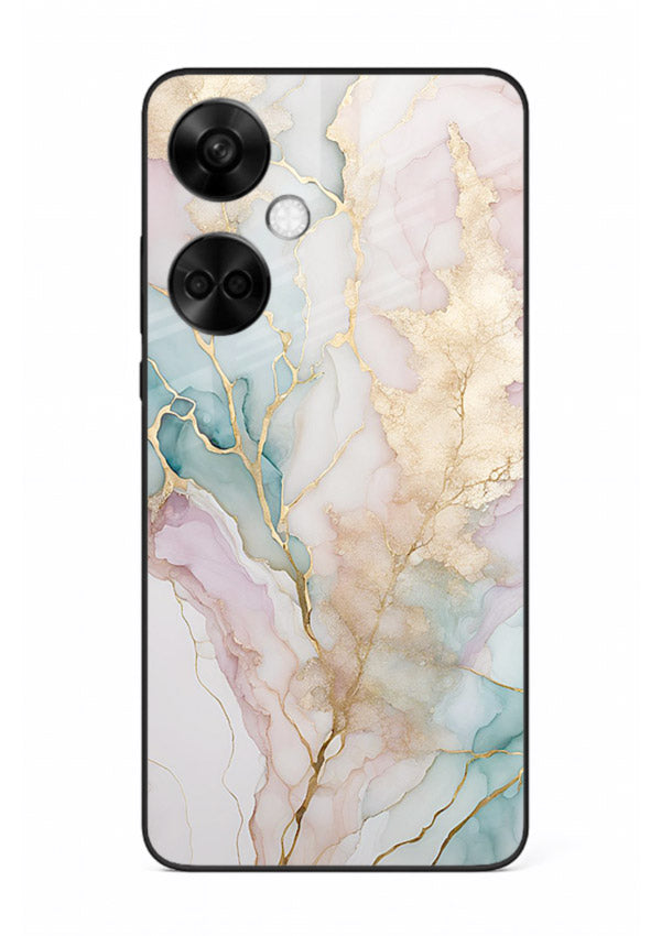 Pastel Gold Marble OnePlus Nord CE3 glass back cover with soft pastel tones and golden marble veining