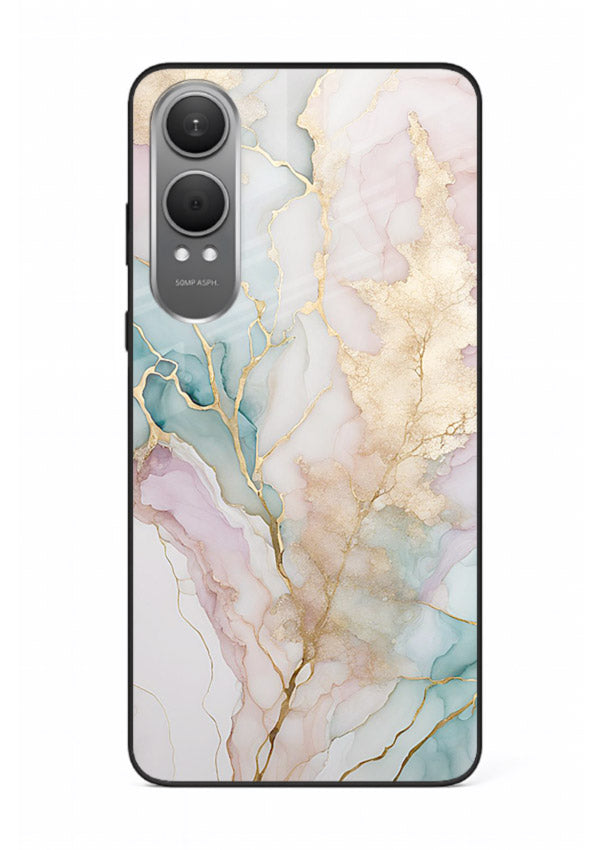 Pastel Gold Marble OnePlus Nord CE4 Lite glass back cover with soft pastel tones and golden marble veining