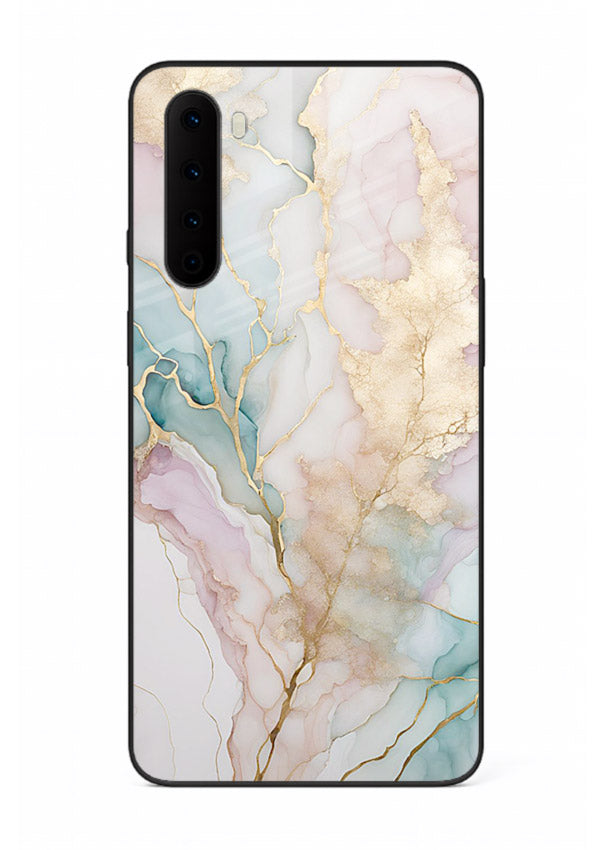 Pastel Gold Marble OnePlus Nord glass back cover with soft pastel tones and golden marble veining