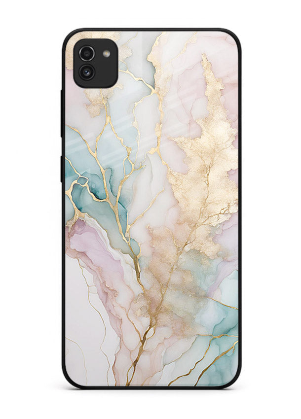 Pastel Gold Marble Samsung A03 glass back cover with soft pastel tones and golden marble veining