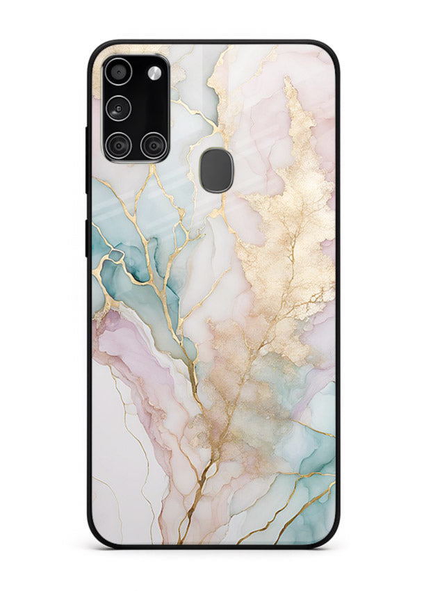Pastel Gold Marble Samsung A21s glass back cover with soft pastel tones and golden marble veining