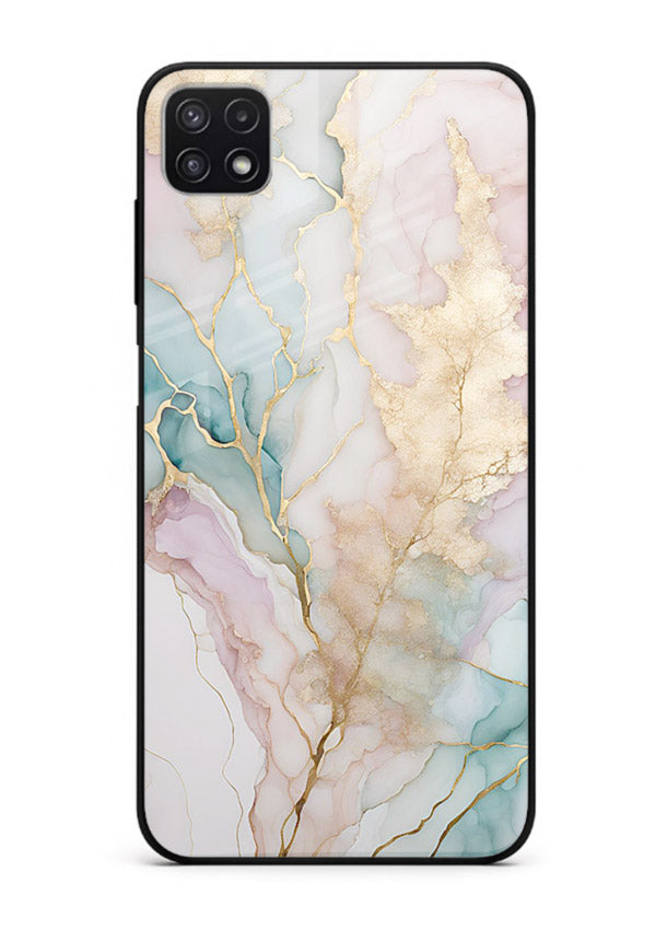 Pastel Gold Marble Samsung F42 5G glass back cover with soft pastel tones and golden marble veining
