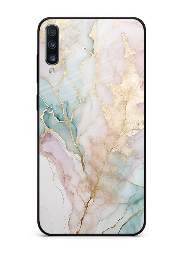 Pastel Gold Marble Samsung A70 glass back cover with soft pastel tones and golden marble veining