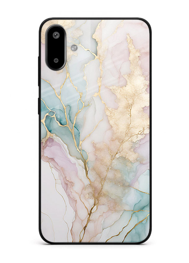 Pastel Gold Marble Samsung F06 5G glass back cover with soft pastel tones and golden marble veining