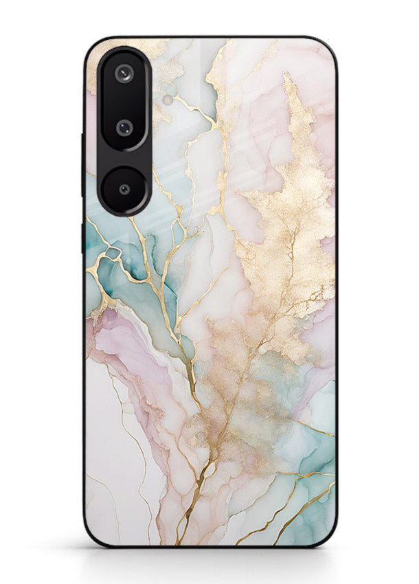 Pastel Gold Marble Samsung F16 5G glass back cover with soft pastel tones and golden marble veining