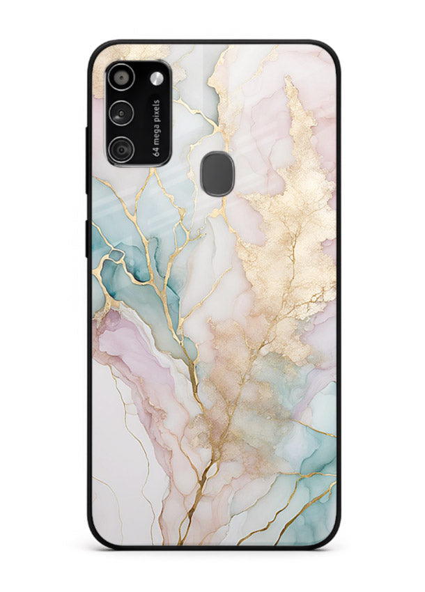 Pastel Gold Marble Samsung M21 glass back cover with soft pastel tones and golden marble veining