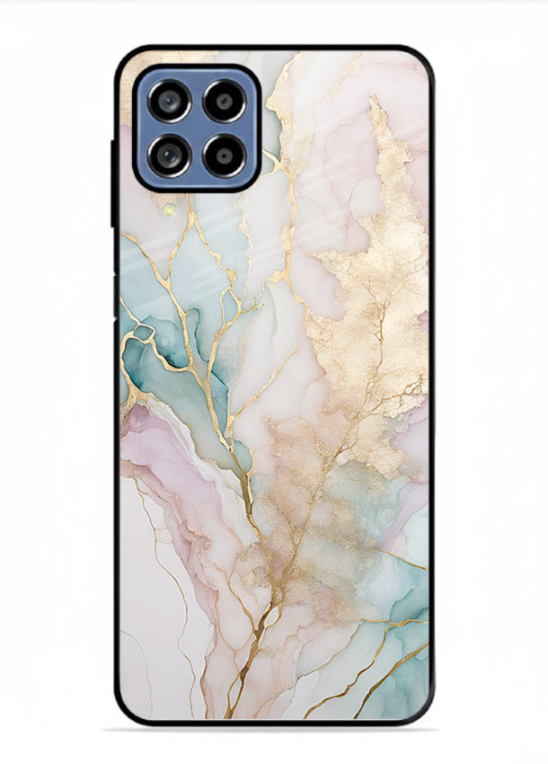 Pastel Gold Marble Samsung M33 5G glass back cover with soft pastel tones and golden marble veining