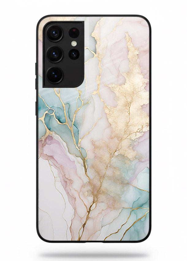 Pastel Gold Marble Samsung S21 Ultra glass back cover with soft pastel tones and golden marble veining