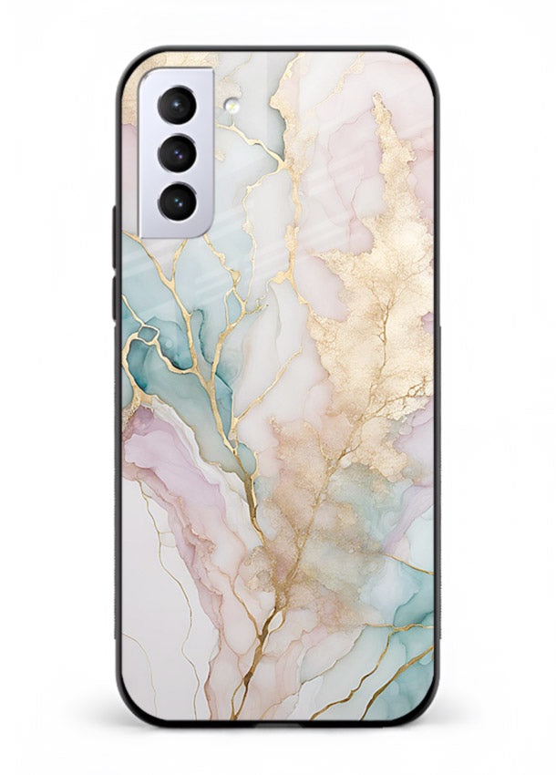 Pastel Gold Marble Samsung S21 Plus glass back cover with soft pastel tones and golden marble veining