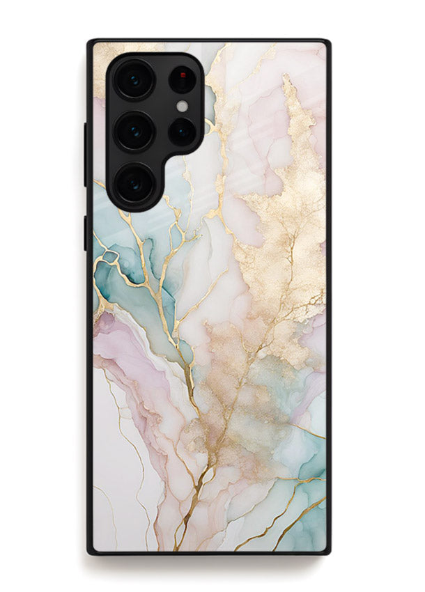 Pastel Gold Marble Samsung S24 Ultra glass back cover with soft pastel tones and golden marble veining
