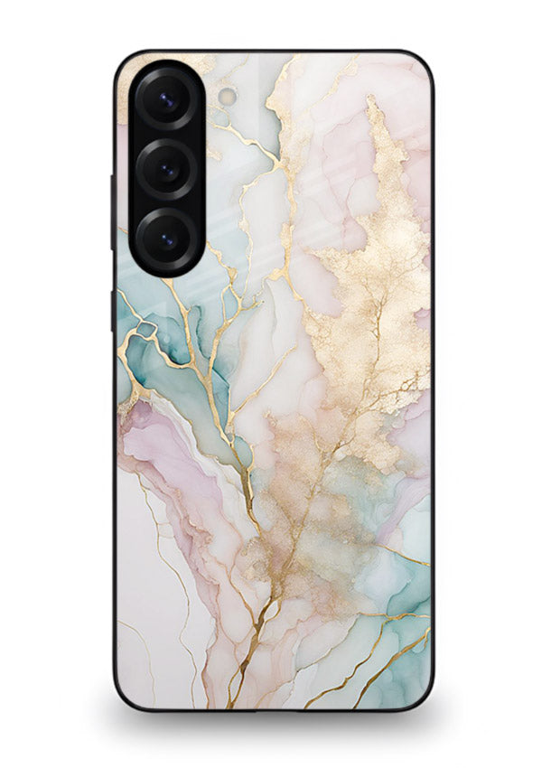 Pastel Gold Marble Samsung S23 glass back cover with soft pastel tones and golden marble veining