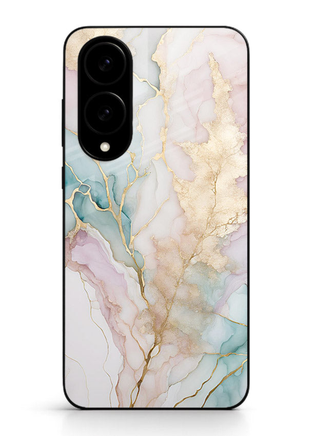 Pastel Gold Marble Samsung S25 Edge glass back cover with soft pastel tones and golden marble veining