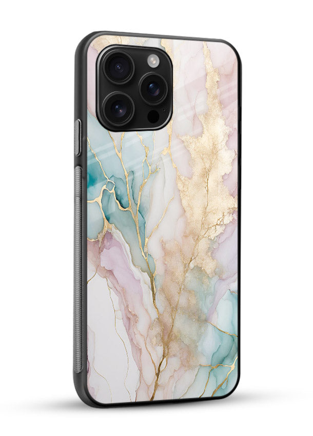 Pastel Gold Marble glossy vibrant premium glass back cover with soft pastel tones and golden marble veining - Angle Side