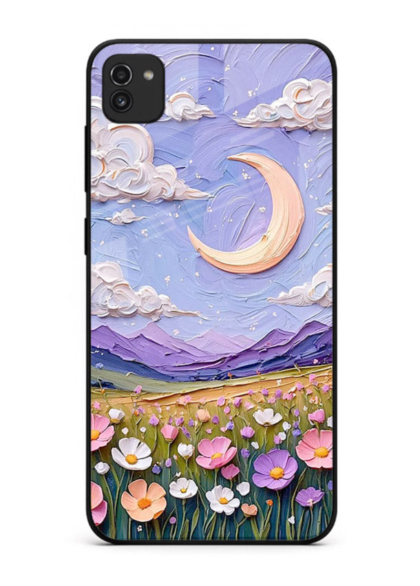 Pastel Moon Flowers pastel floral moon artwork Samsung A03 glass back cover