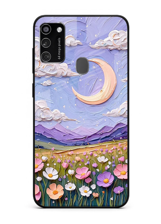Pastel Moon Flowers pastel floral moon artwork Samsung M21 glass back cover