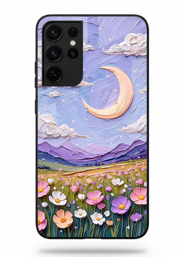 Pastel Moon Flowers pastel floral moon artwork Samsung S21 Ultra glass back cover