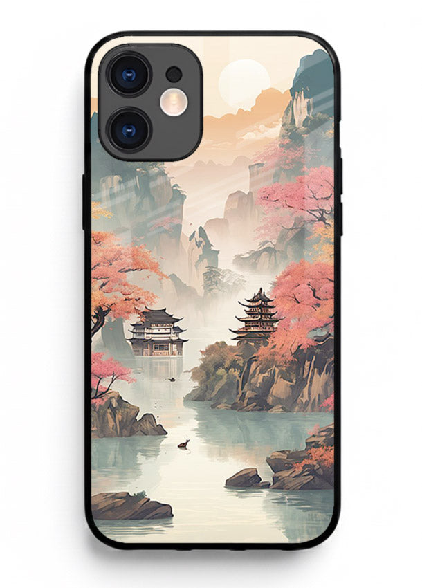 Pastel Mountain Pagoda pastel pagoda artwork iphone 12 mini glass back cover